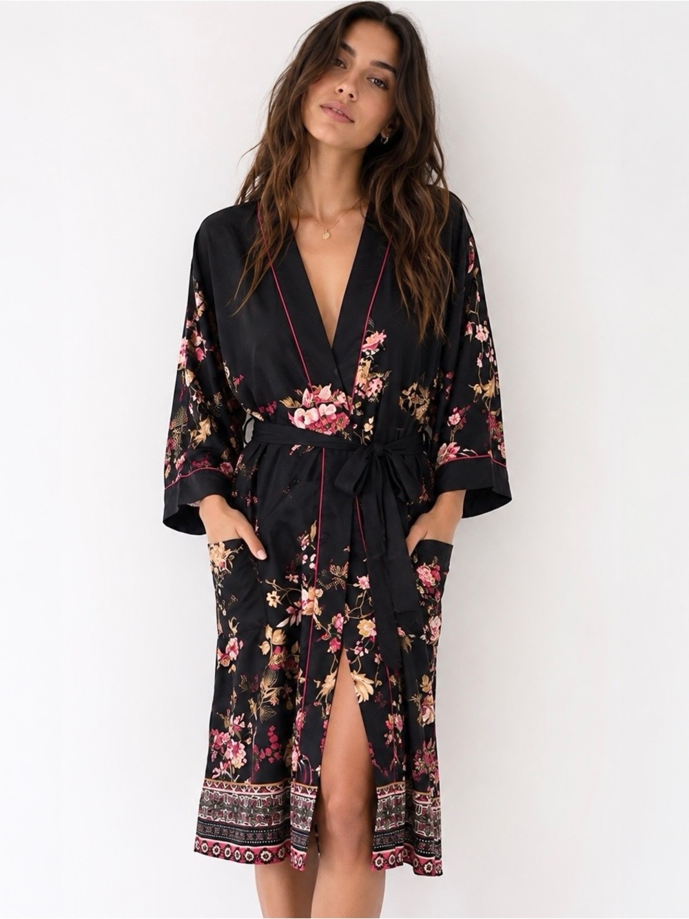 Bleuh Ciel Floral Kimono Robe Boho Dark Floral Belted S